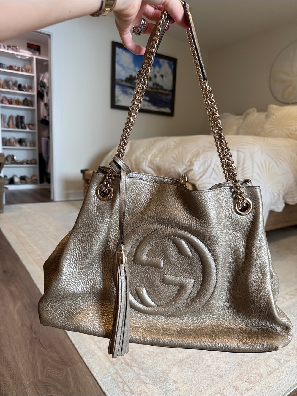Gucci Brown Soho Pebbled Leather Shoulder Bag with Tassel